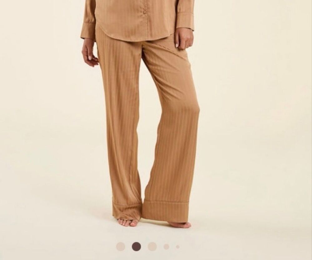 Nuuds Jacquard Striped Satin Pajama Pants lounge women's cinnamon tan L NEW